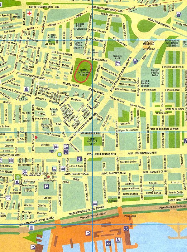 Street map of Fuengirola which shows the railway/train station, bus terminal and other places of interest